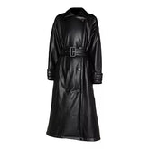 Womens Black Leather Trench Coat Double Breasted